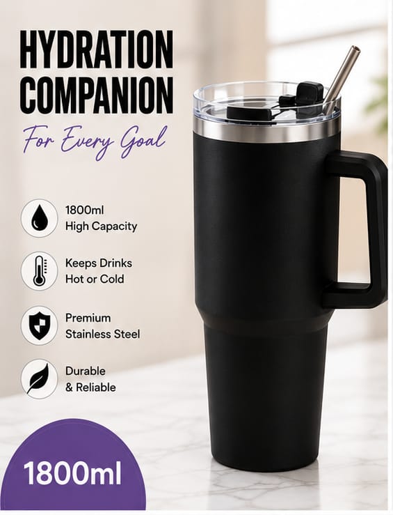 1800ml Stainless Steel Insulated Tumbler with Handle & Straw | Leakproof Travel Mug