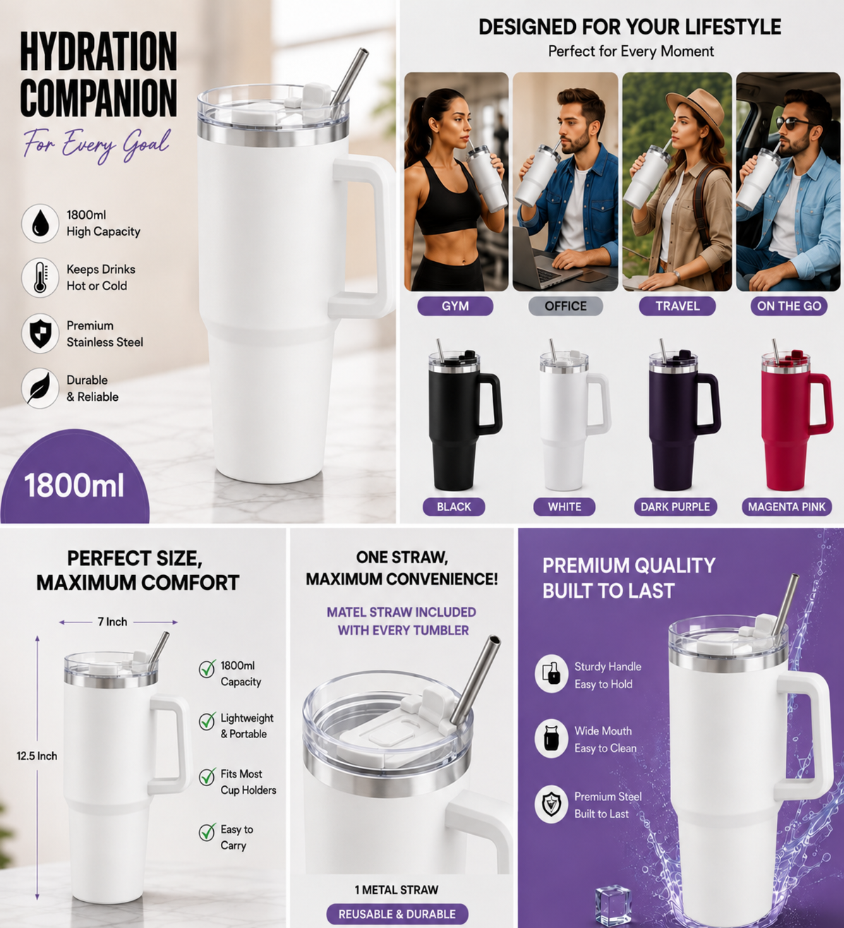 Premium 1800ml Steel Tumbler Bottle with Handle, Lid & Reusable Straws